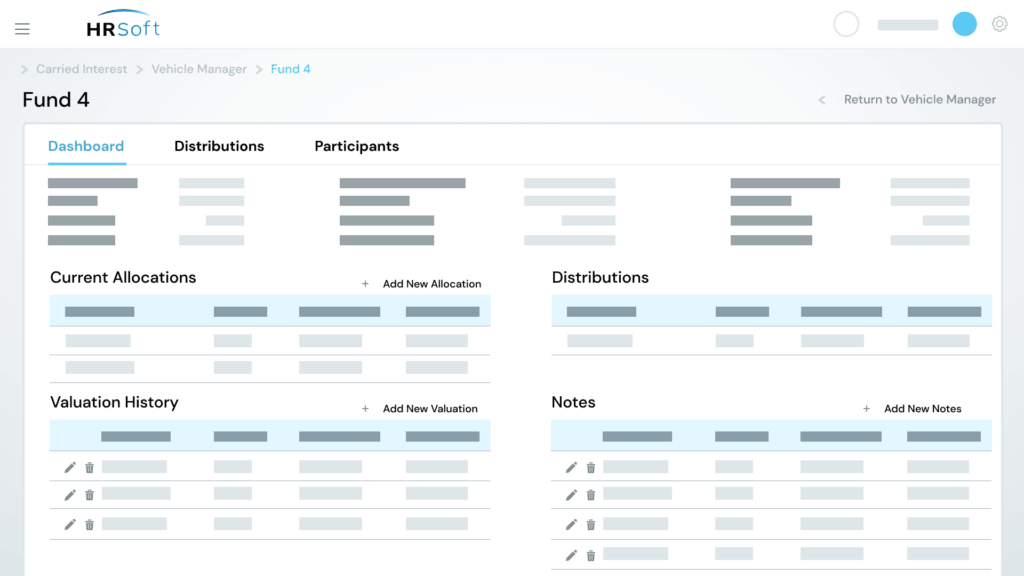 Screenshot of the HRSoft Carried Interest dashboard