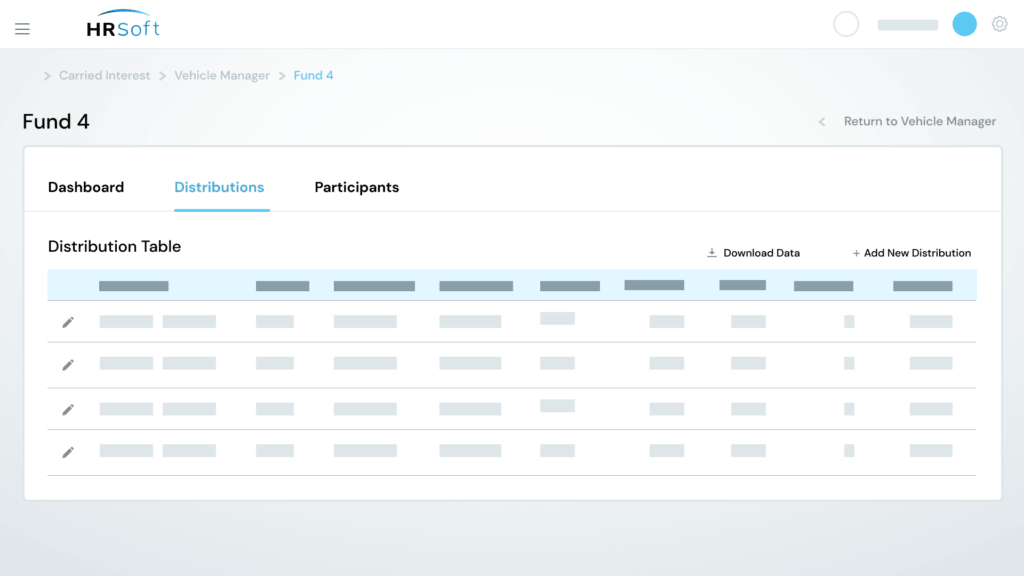 Screenshot of the HRSoft Carried Interest distributions screen