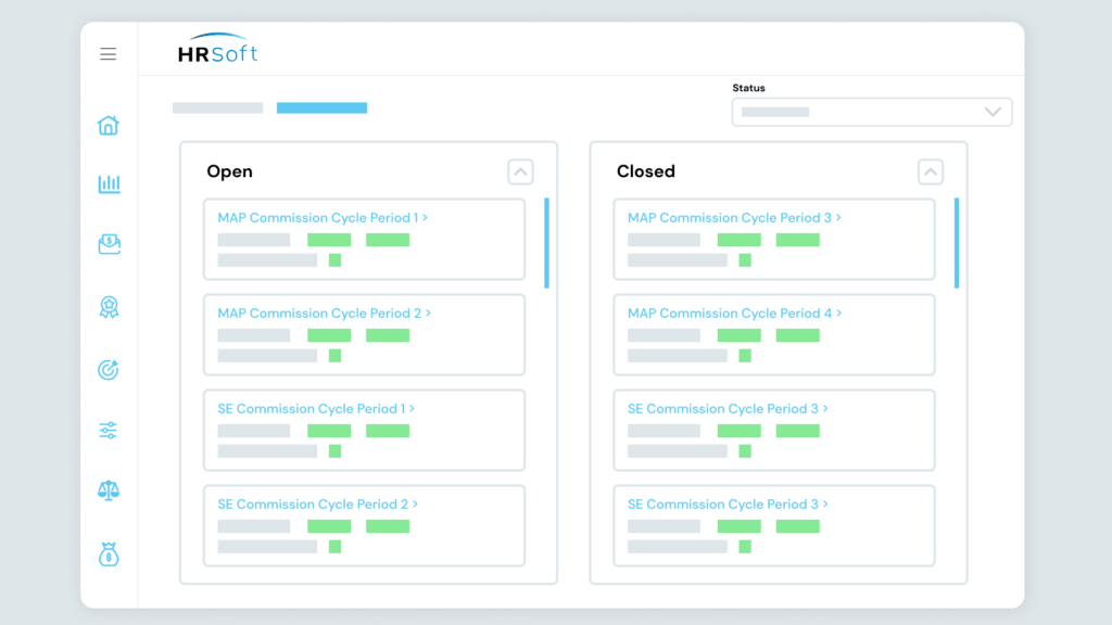 Screenshot of an HRSoft sales manager commission screen