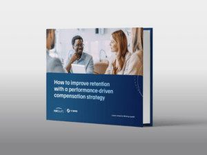 Ebook cover mockup titled 'How to improve retention with a performance-driven compensation strategy'