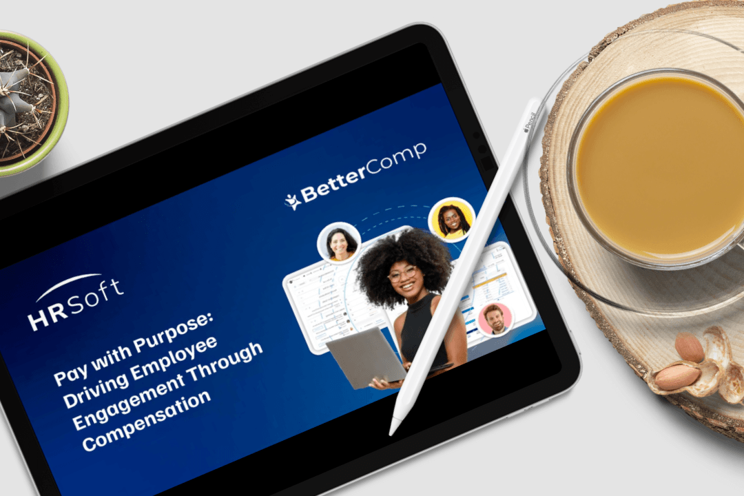 Tablet displaying an HRSoft presentation on driving employee engagement