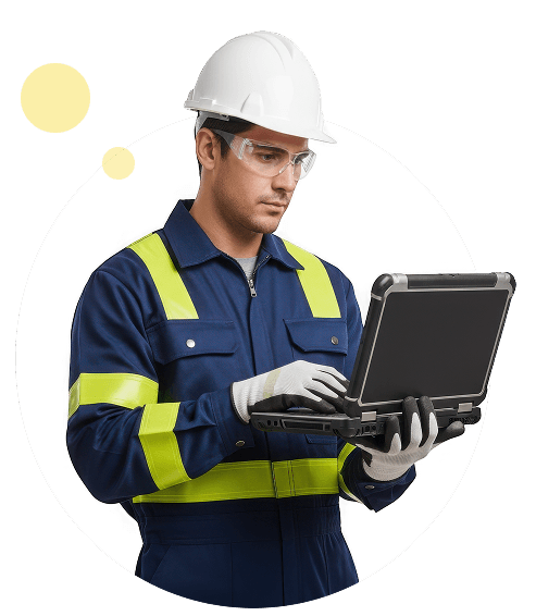 Frontline worker in a hard hat and high-visibility jacket holding a laptop