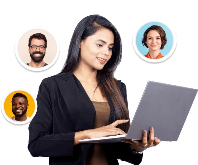 Businesswoman holding a laptop surrounded by profile photos