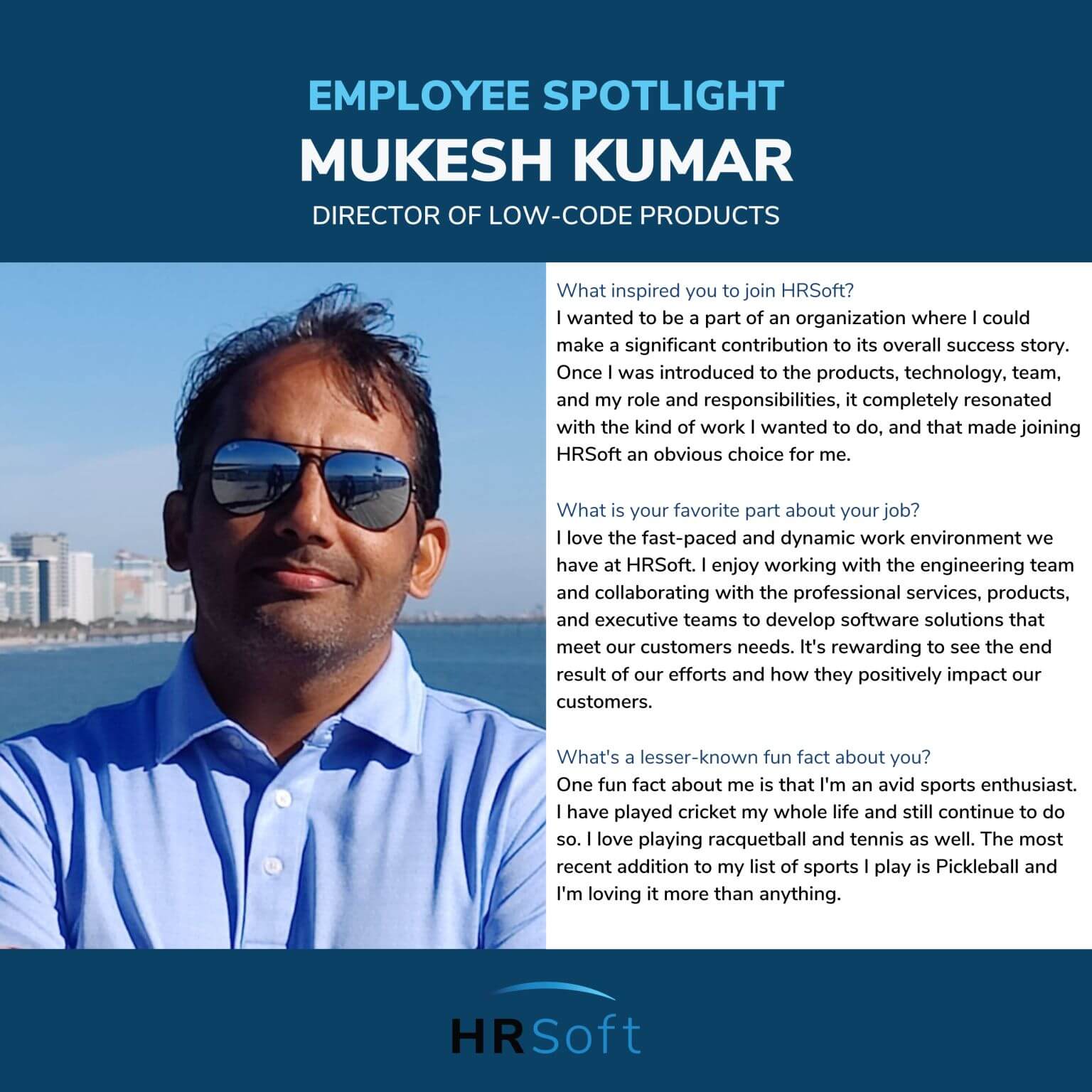 Employee spotlight graphic for Mukesh Kumar, Director of Low Code Products