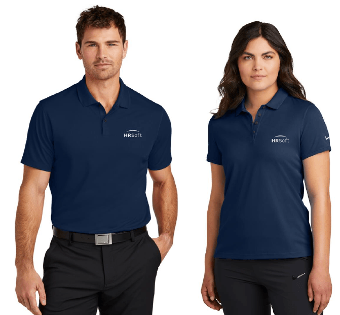 Two people wearing HRSoft-branded navy polo shirts