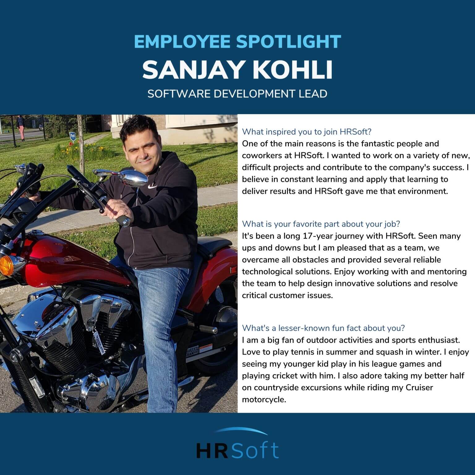 Employee spotlight graphic for Sanjay Kohli, Software Development Lead