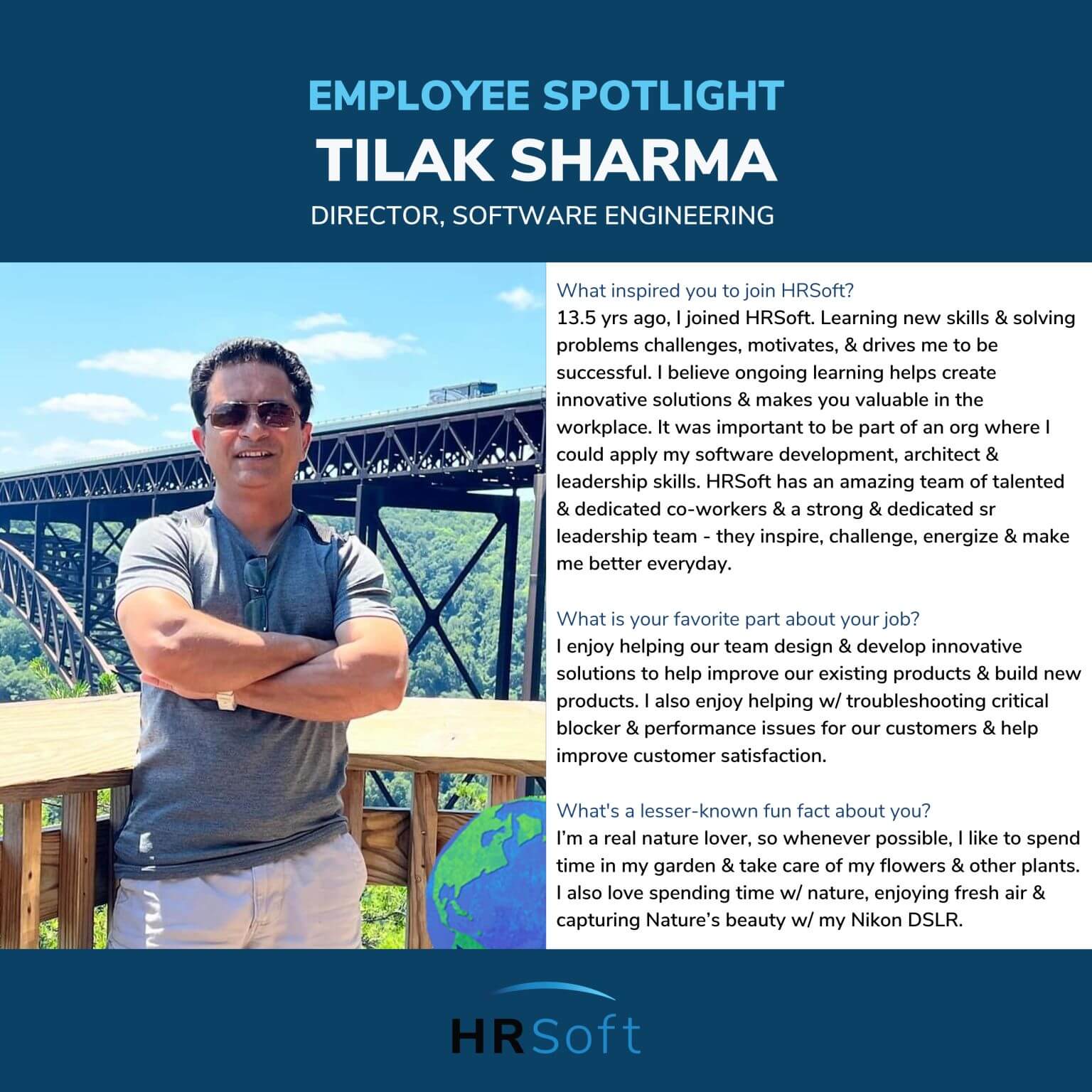 Employee spotlight graphic for Tilak Sharma, Director of Software Engineering