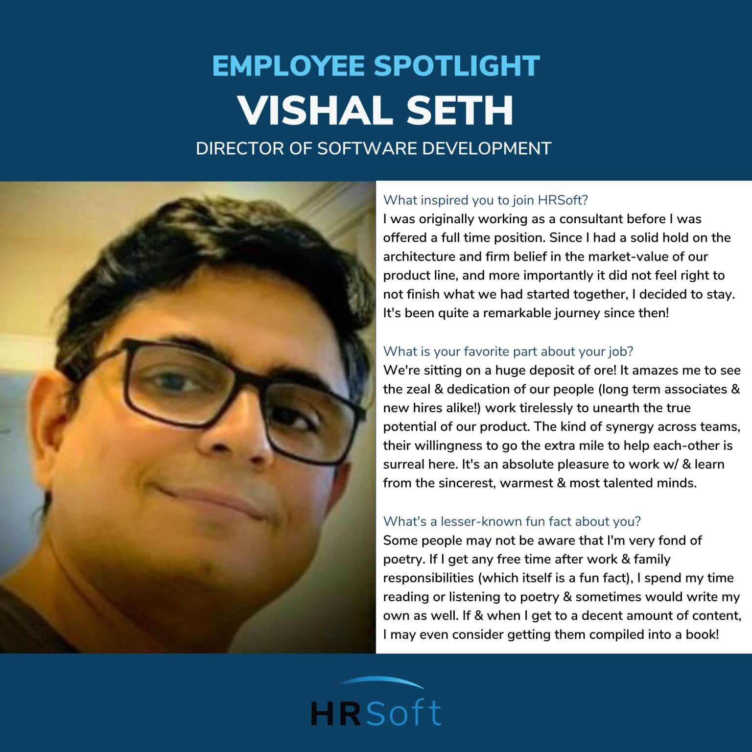 Employee spotlight graphic for Vishal Seth, Director of Software Development