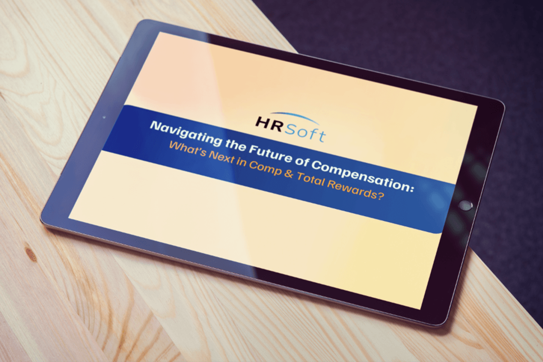 Tablet displaying an HRSoft webinar on the future of compensation