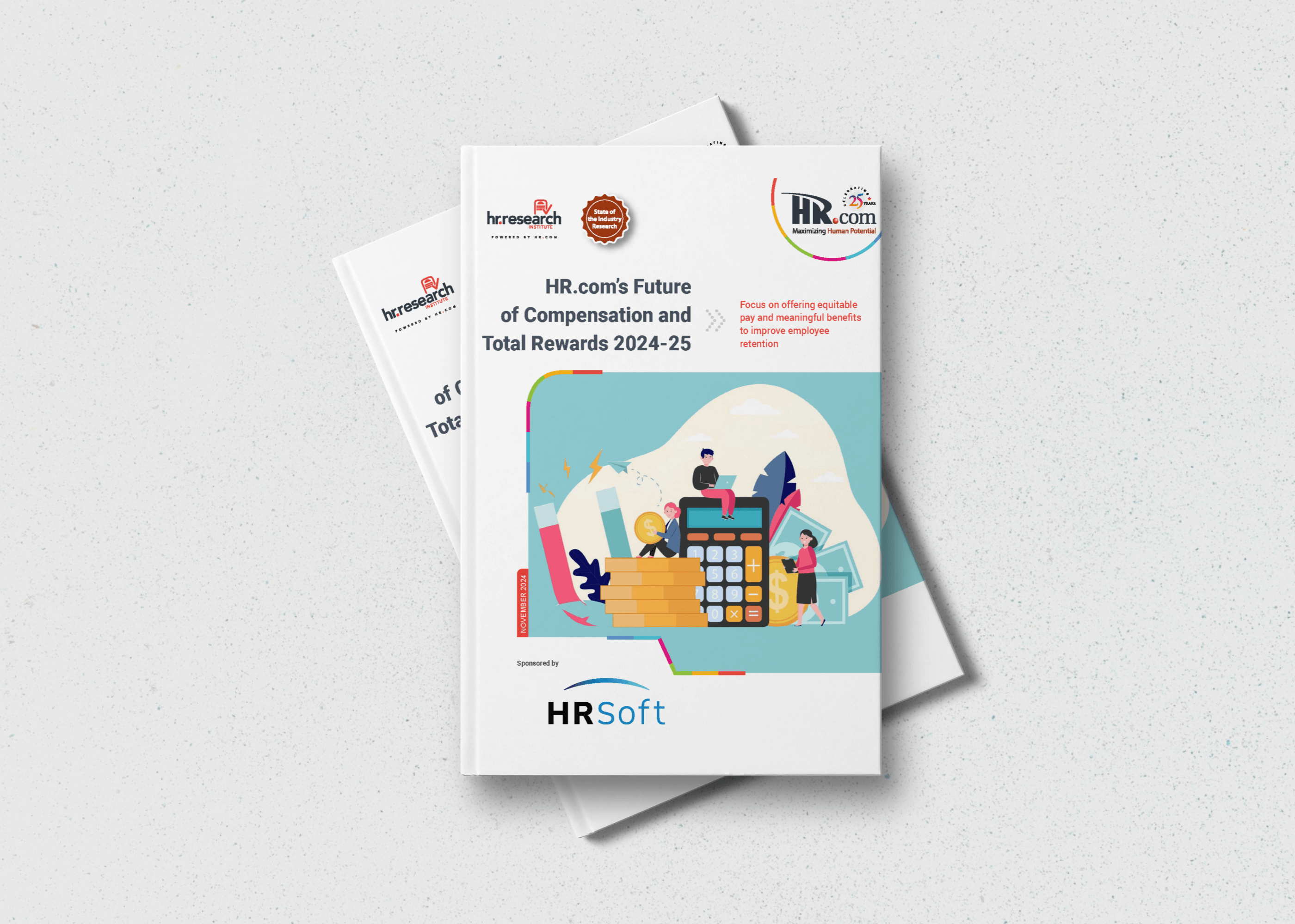 Mockup of an HRSoft booklet with a blue cover