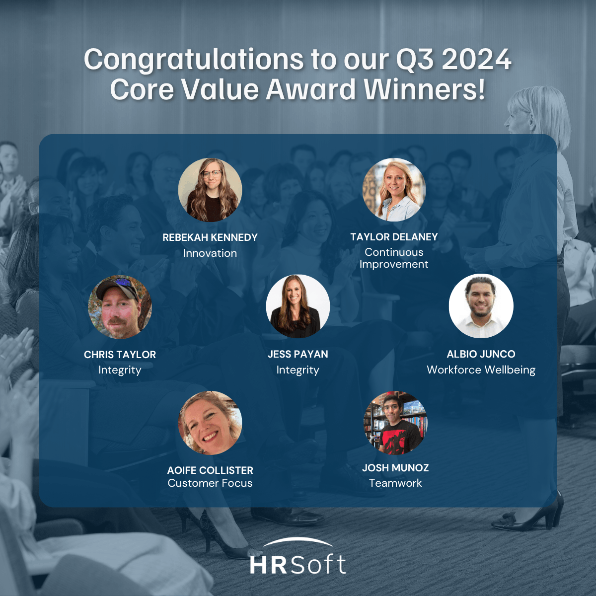 HRSoft Q3 2024 Core Value Award Winners graphic with employee headshots