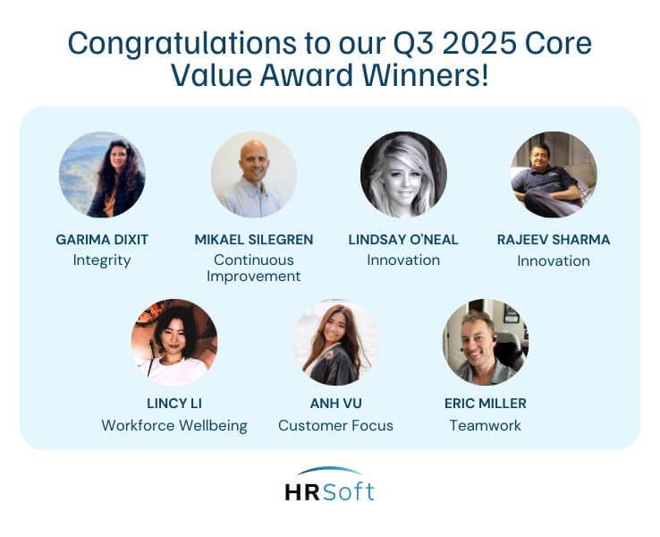 HRSoft Q3 2025 Core Value Award Winners graphic with employee headshots