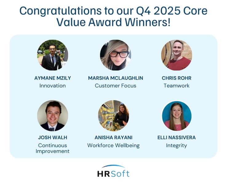 HRSoft Q4 2025 Core Value Award Winners graphic with employee headshots