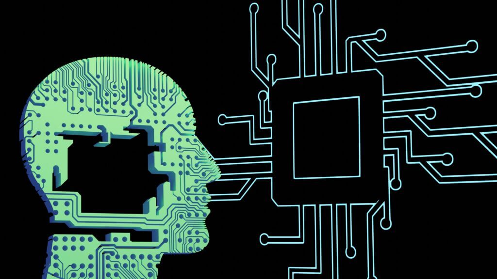 Digital illustration of a human brain connected to a circuit board, representing artificial intelligence