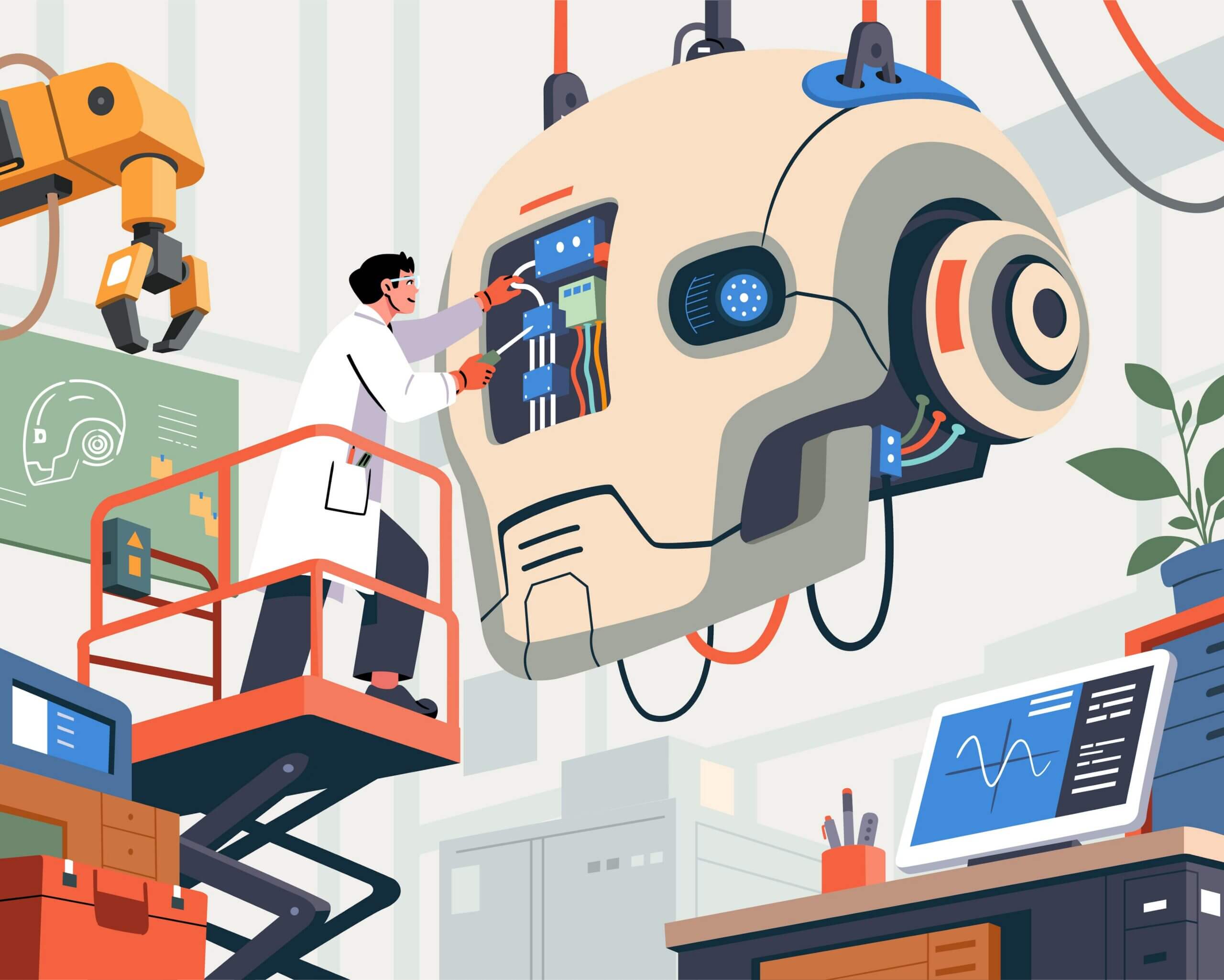 Illustration of an AI robot and a person working together in a digital office