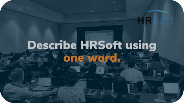Video graphic reading 'Describe HRSoft using one word'