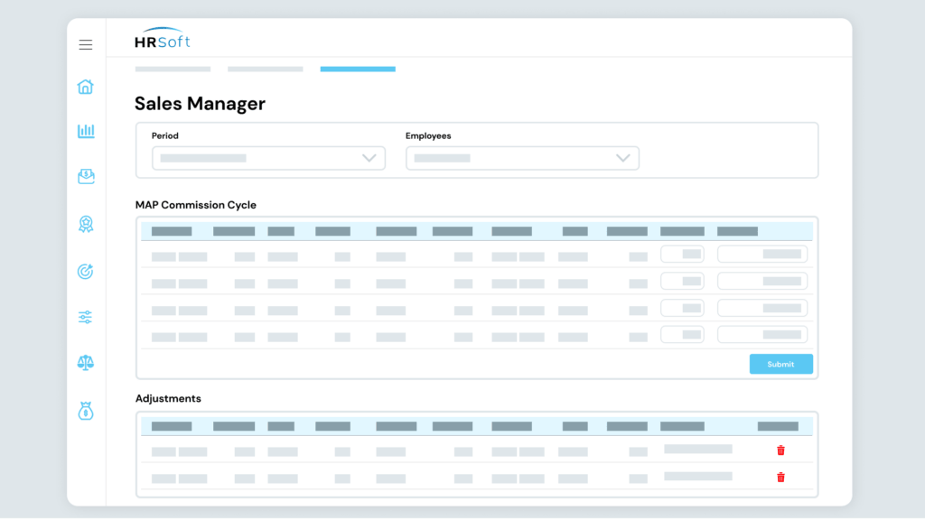 Screenshot of an HRSoft sales manager commission screen
