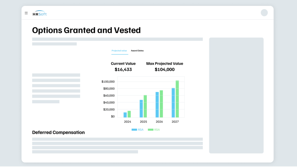 Screenshot of an HRSoft options granted and vested chart