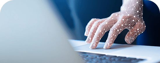 Hand on a laptop with a network of connected dots overlay