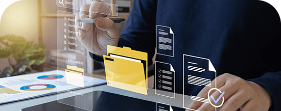 Person managing digital documents with security icons overlay