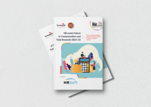 Mockup of an HRSoft booklet with a blue cover