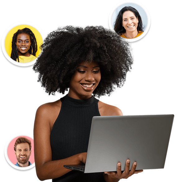 Smiling woman holding a laptop surrounded by small profile photos